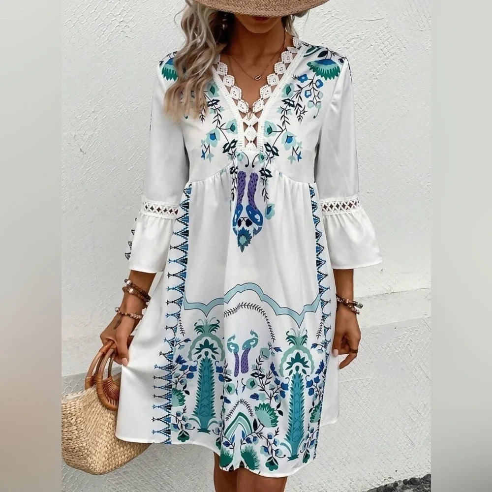 Boho Print Lace Hem Midi dress all sizes